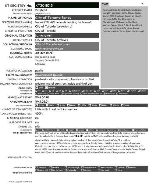 Appendix B. Sample Registry record, KT2011015. [Kodachrome Toronto Registry]